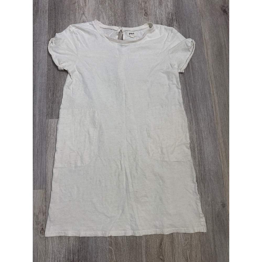 Pact Organic Cotton Short Sleeve‎ Pocket Shift Dress Cream Womens Medium